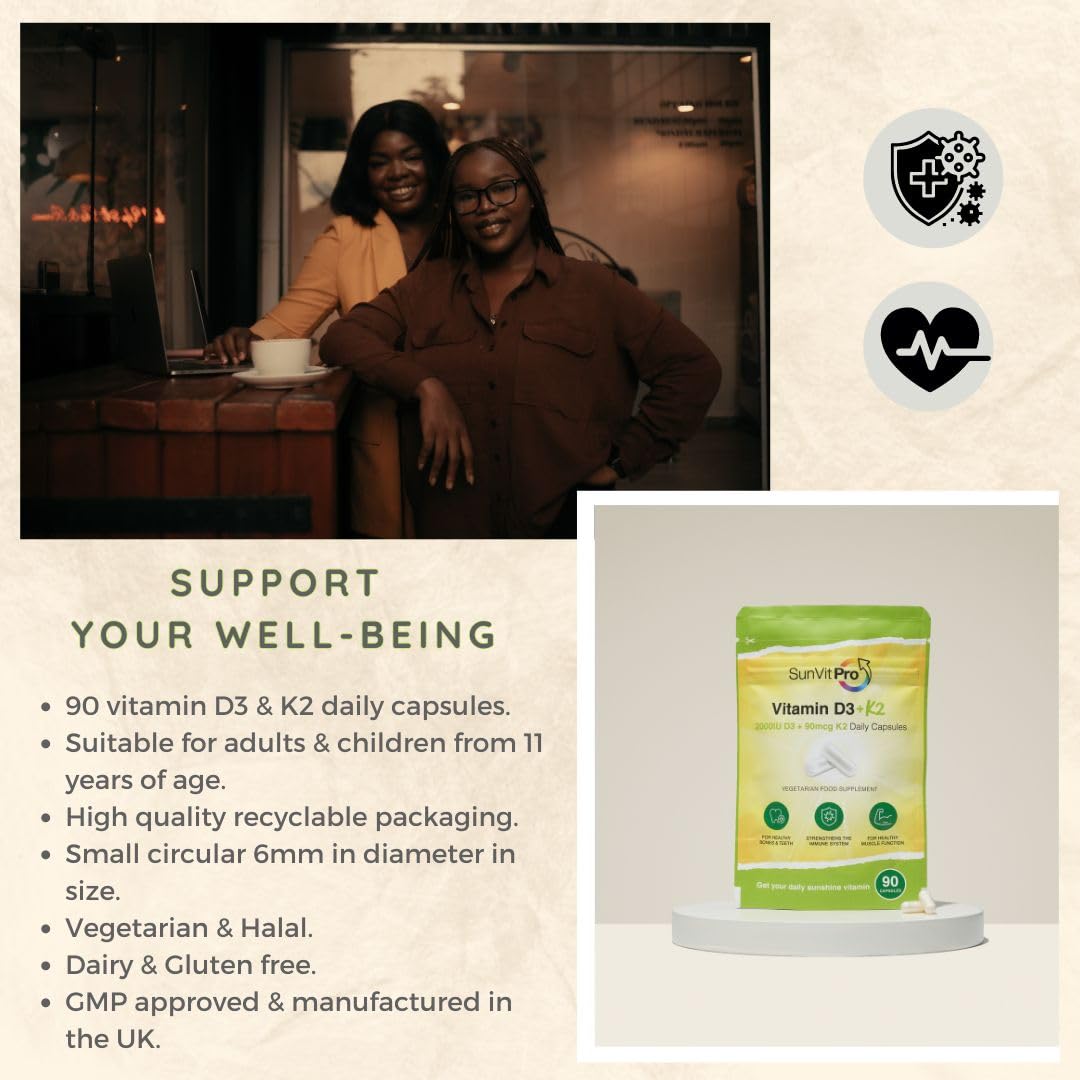 SunVit-Pro Sunvit-Pro Vitamin D 2000iu and Vitamin K2 MK7 90mcg Capsules - Vitamin D3 k2 High Strength Vegetarian and UK Manufactured - Support the Maintenance of Bone, Teeth, Muscle & Immune System, 90 Capsules