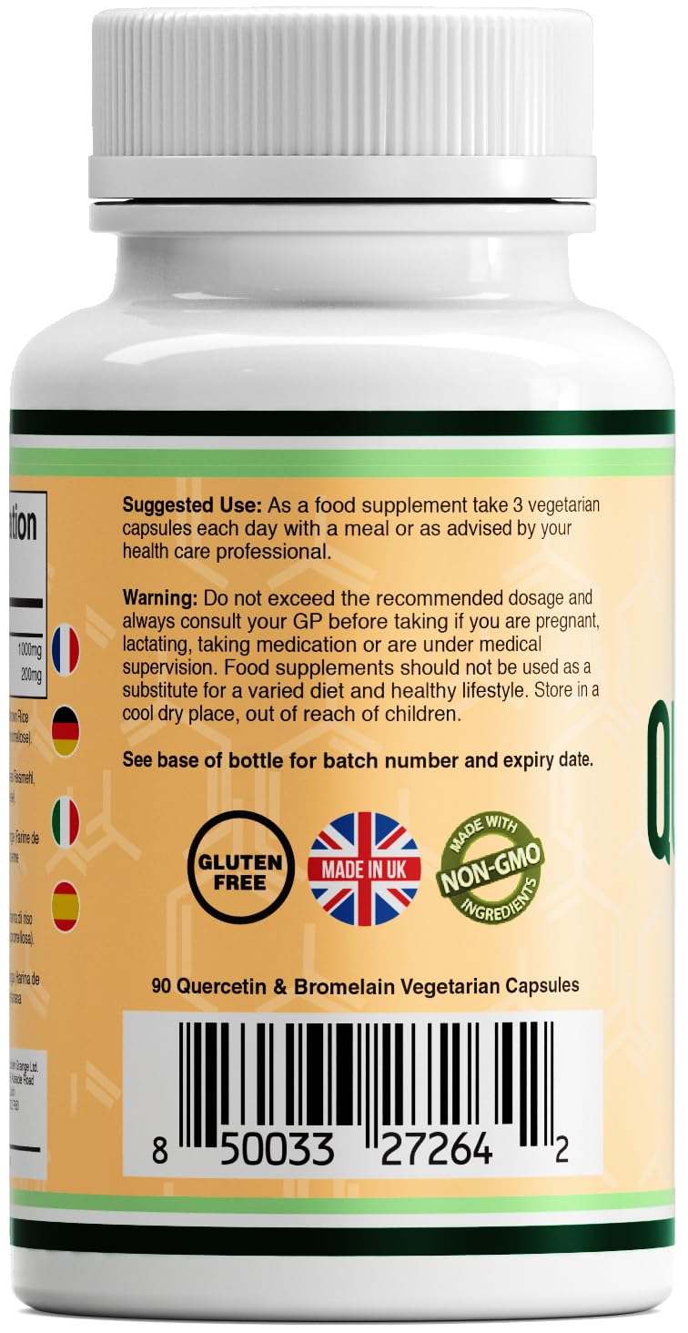 Double Wood Supplements Double Wood Quercetin 1000mg with Bromelain 200mg – 90 Vegan Capsules (30 Day Supply) – Immune Support, Antioxidant, Respiratory, Mucus & Allergy Relief – Non-GMO, UK Made