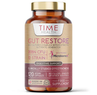 Time Health Gut Restore – 12 Strain Probiotic & Postbiotic Butyrate Generator – MicroBiomeX – Clinically Proven – Advanced Bio Cultures Formula – Vegan Probiotics – UK Made (120 Count (Pack of 1))