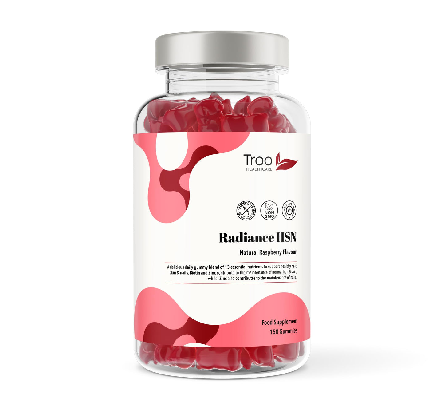 Troo Health Care Radiance HSN 150 Raspberry Flavour Gummies - Advanced Hair Skin & Nails Supplement for Men & Women - 13 Essential Nutrients Inlcuding Biotin