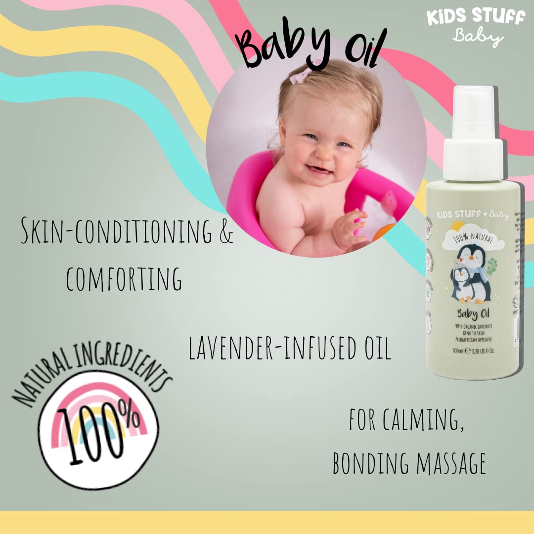 Kids Stuff Baby | Baby Oil 100ml | 100% Natural | Organic Lavender Oil | Suitable for Newborn Skin | Dermatologically & Paediatrician Approved | Kind to Sensitive Skin | Vegan | Cruelty-Free