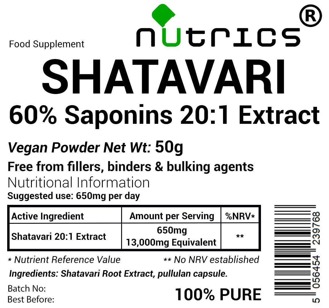 Nutrics® 13,000mg (per Capsule) 60% Saponins SHATAVARI Root Extract V Capsules Asparagus Racemosus 100% Pure - No fillers Binders or Bulking Agents (50g Extract Powder, 1, Count)