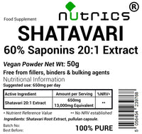 Nutrics® 13,000mg (per Capsule) 60% Saponins SHATAVARI Root Extract V Capsules Asparagus Racemosus 100% Pure - No fillers Binders or Bulking Agents (50g Extract Powder, 1, Count)