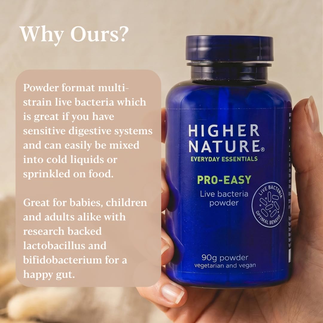 HIGHER NATURE Higher Nature - Pro-Easy - Multi-Strain Live Bacteria Powder - Probiotics for Gut Health - Suitable for The Whole Family - 90g Powder