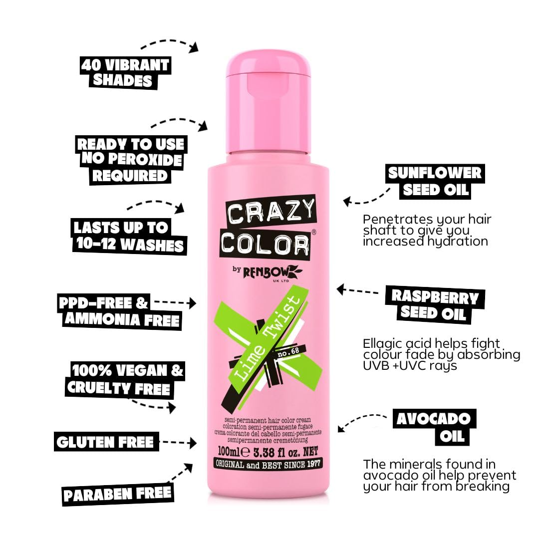 Crazy Color Vibrant Lime Twist Semi-Permanent Duo Hair Dye. Highly Pigmented Lime Green Conditioning & Oil Nourishing Vegan Formula | No Bleach or Ammonia | 200ml