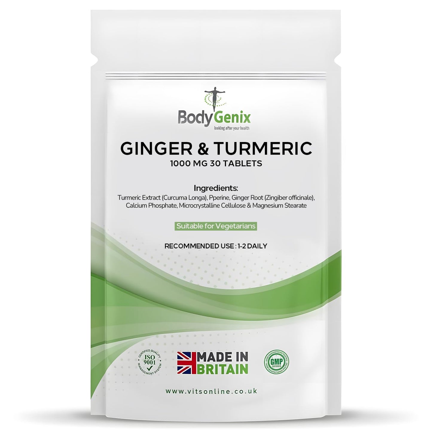 Bodygenix Ginger & Turmeric 1000mg Tablets - Antioxidant Anti-Inflammatory Healthy Skin Immune System Supplement - Vegan Friendly 30 Tablets, 1 Month Supply