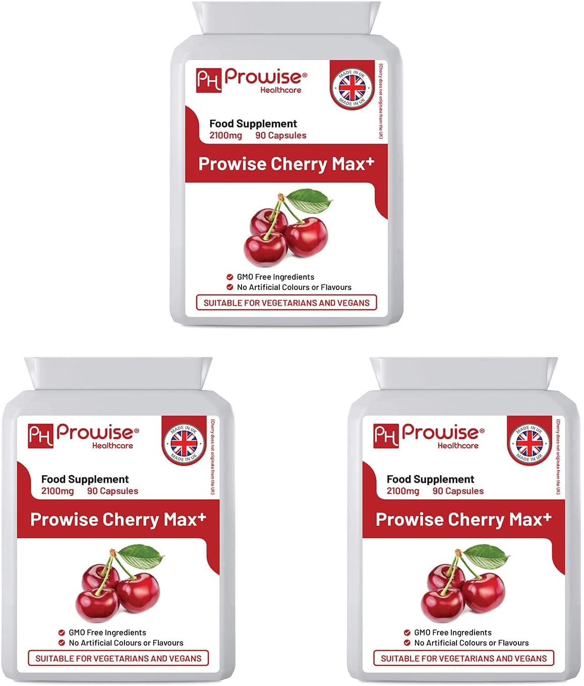 PH PROWISE Healthcare Cherry Max+ (Pack of 3) 2100mg Montmorency Cherry Added with Black Cherry I 90 Vegan Capsules High Strength I Made in The UK by Prowise Healthcare