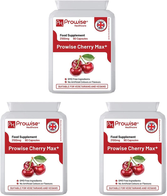 PH PROWISE Healthcare Cherry Max+ (Pack of 3) 2100mg Montmorency Cherry Added with Black Cherry I 90 Vegan Capsules High Strength I Made in The UK by Prowise Healthcare