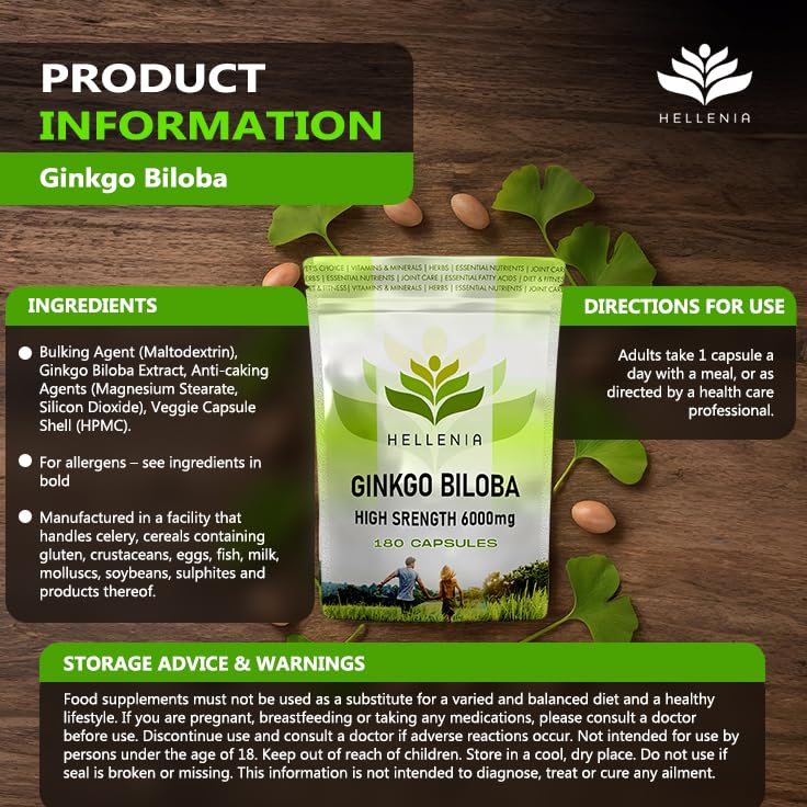 Ginkgo Biloba High Strength Capsules | 6000mg Highly Dosed | 50:1 Extract - 180 Capsules | Ginkgo Biloba 6000mg | Suitable for Vegans - Manufactured in the UK by Hellenia
