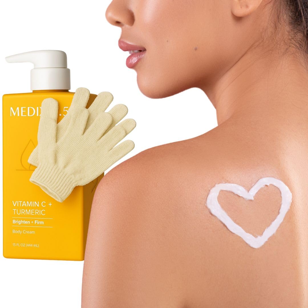 MED Vitamin C + Turmeric Brightening Body Cream – Firming Moisturiser for Uneven Skin Tone, Age Spots & Sun Damage | Shea Butter & Aloe Vera | Vegan | Eco Exfoliating Gloves & Prosperina Card