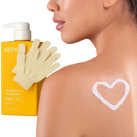 MED Vitamin C + Turmeric Brightening Body Cream – Firming Moisturiser for Uneven Skin Tone, Age Spots & Sun Damage | Shea Butter & Aloe Vera | Vegan | Eco Exfoliating Gloves & Prosperina Card