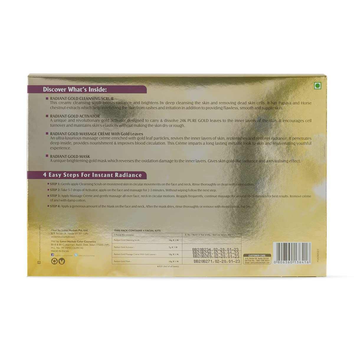 Lotus Herbals Radiant Gold Facial Kit For Instant Glow With 24K Pure Gold & Papaya,4 Easy Steps (Single Use)