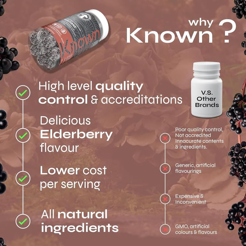 Known Tasty Maitake Gummies - 1000mg Maitake Mushroom with Vitamin D3 - Immune Support - Natural Elderberry Flavour - 60 Vegan Gummies, 1 Month Supply