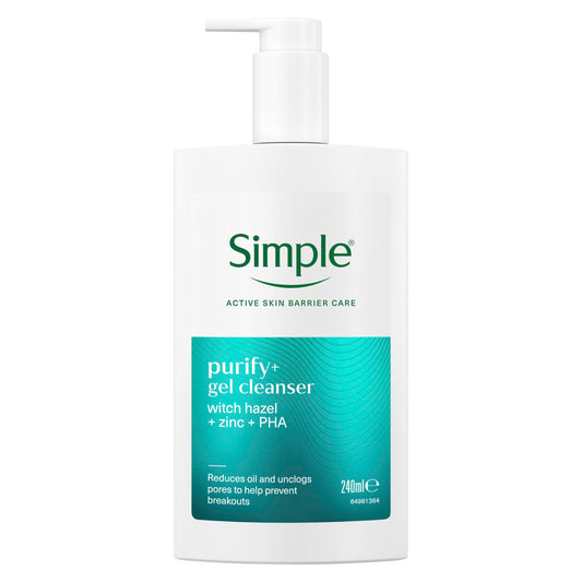 Simple Purify+ Gel Facial Cleanser with witch hazel + zinc + PHA reduces oil and unclogs pores to help prevent breakouts 240 ml
