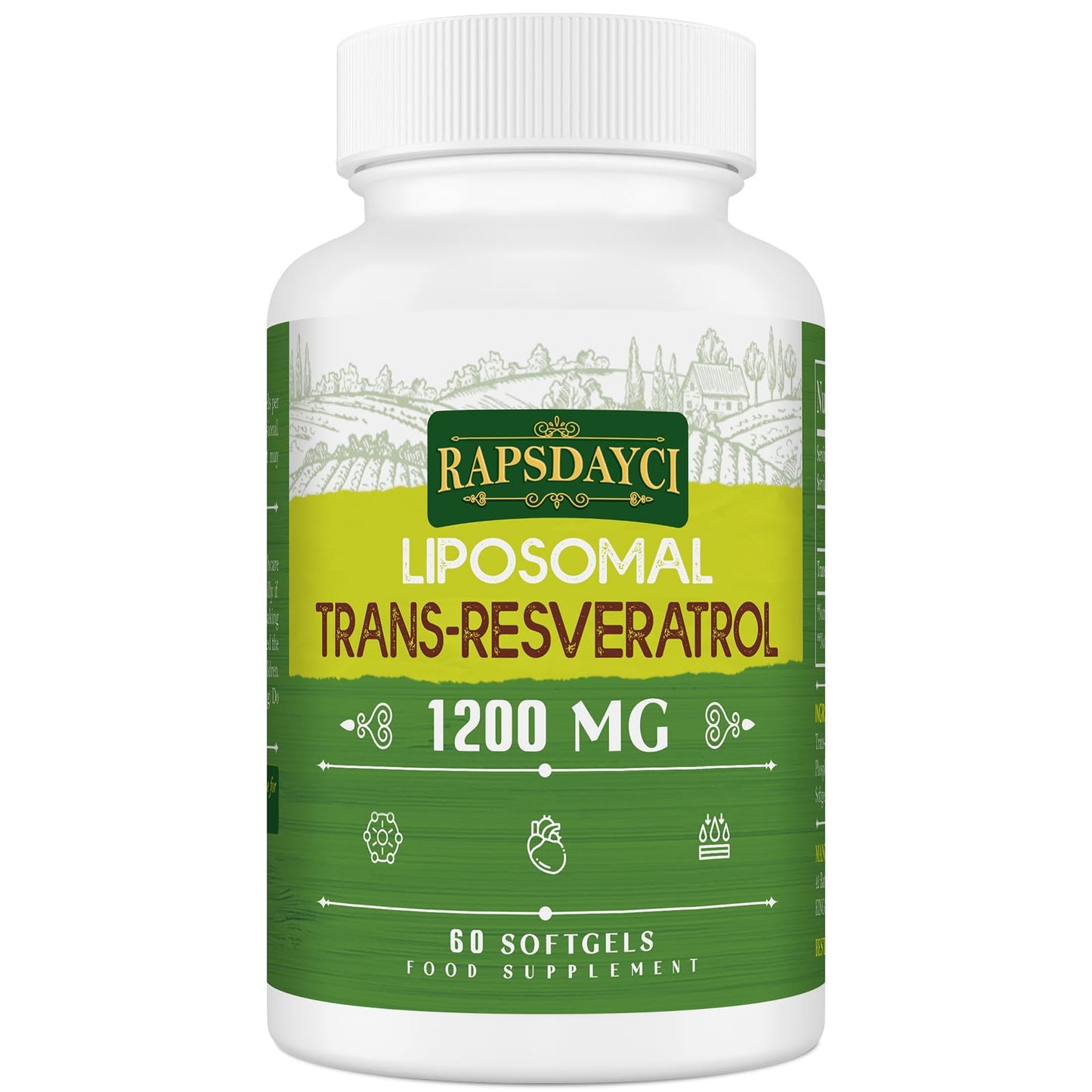 Rapsdayci Liposomal Trans-Resveratrol 1200mg, 98% Pure Formula, High Absorption Antioxidant Supplement, 60 Softgels, Supports Heart and Skin Health