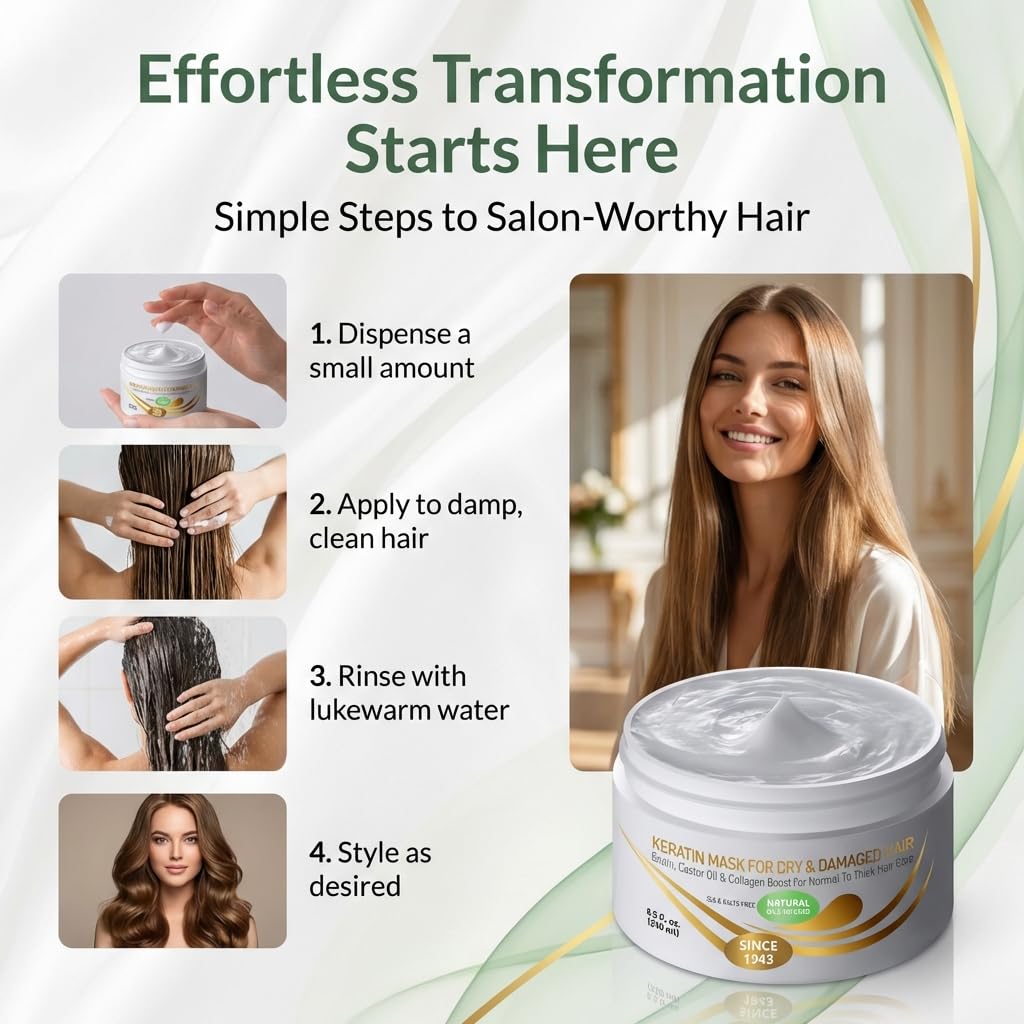 VITAMINS hair cosmetics VITAMINS Hair Cosmetics Keratin Hair Mask for Damaged Locks - Deep Conditioner with Biotin, Castor & Coconut Oil - Collagen Protein Treatment for Thick Coarse Hair Repair - 250 ML