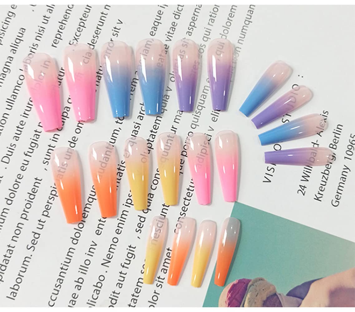 Albiuev 24PCS Long Coffin False Nails with Glue Stickers,Ballerina Coffin Full Cover Acrylic Press on Nails no Glue,Rainbow Gradient French Fake Stick on or Women and Girls Art