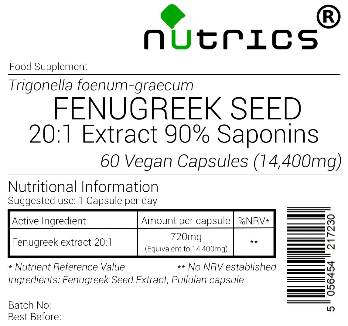 Nutrics® 14400mg Fenugreek Extract V Capsules- 20:1 90% Saponins Strong Extract- Suitable for Vegan Vegetarian Halal & Kosher Diet- 60 Capsules (2 Month Supply)