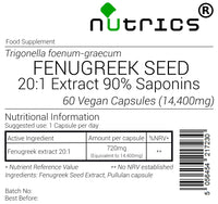 Nutrics® 14400mg Fenugreek Extract V Capsules- 20:1 90% Saponins Strong Extract- Suitable for Vegan Vegetarian Halal & Kosher Diet- 60 Capsules (2 Month Supply)