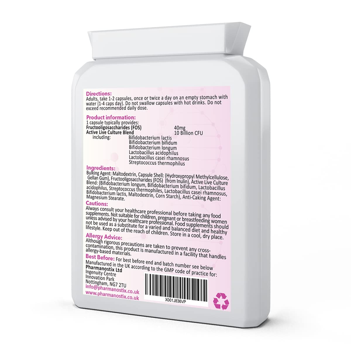 Pharmanostix PharmaFlora 10 Billion CFU- 60 Vegan Targeted Capsules - High-strength Multi-strain Active Live Bacteria Complex - Acidophilus -Bifidobacterium - Streptococcus -Thermophilus - UK Manufacture