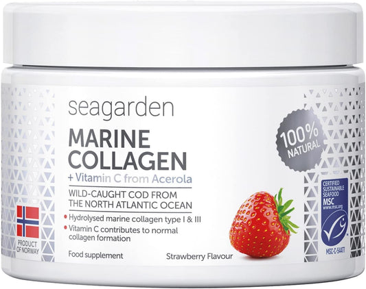 Seagarden Marine Collagen Powder + Vitamin C | Collagen Peptides Powder (Type I & III) | Wild-Caught Arctic Cod | Collagen Supplements| Skin, Hair, Nails, I Strawberry Taste I 150g