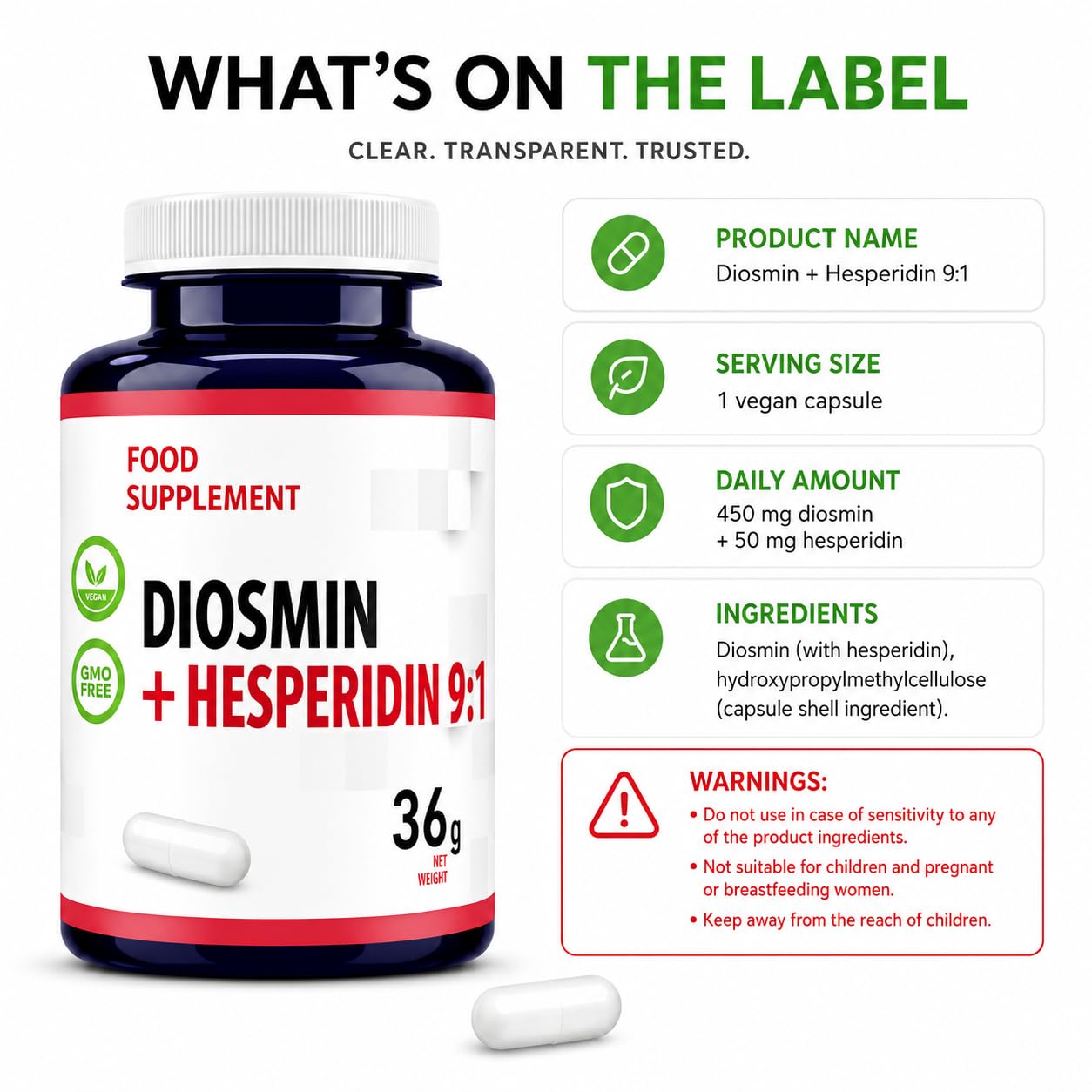 Hepatica Diosmin & Hesperidin 500mg | Diosmin 450mg & Hesperidin 50mg | Bioflavonoid Complex | 60 Vegan Capsules | 2-Month Supply | 3rd Party Lab Tested