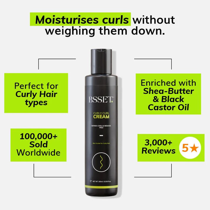BSSET Curly Curl Cream, Defines Curls Reduces Frizz - For Type 3 Curly Hair, 300 ml