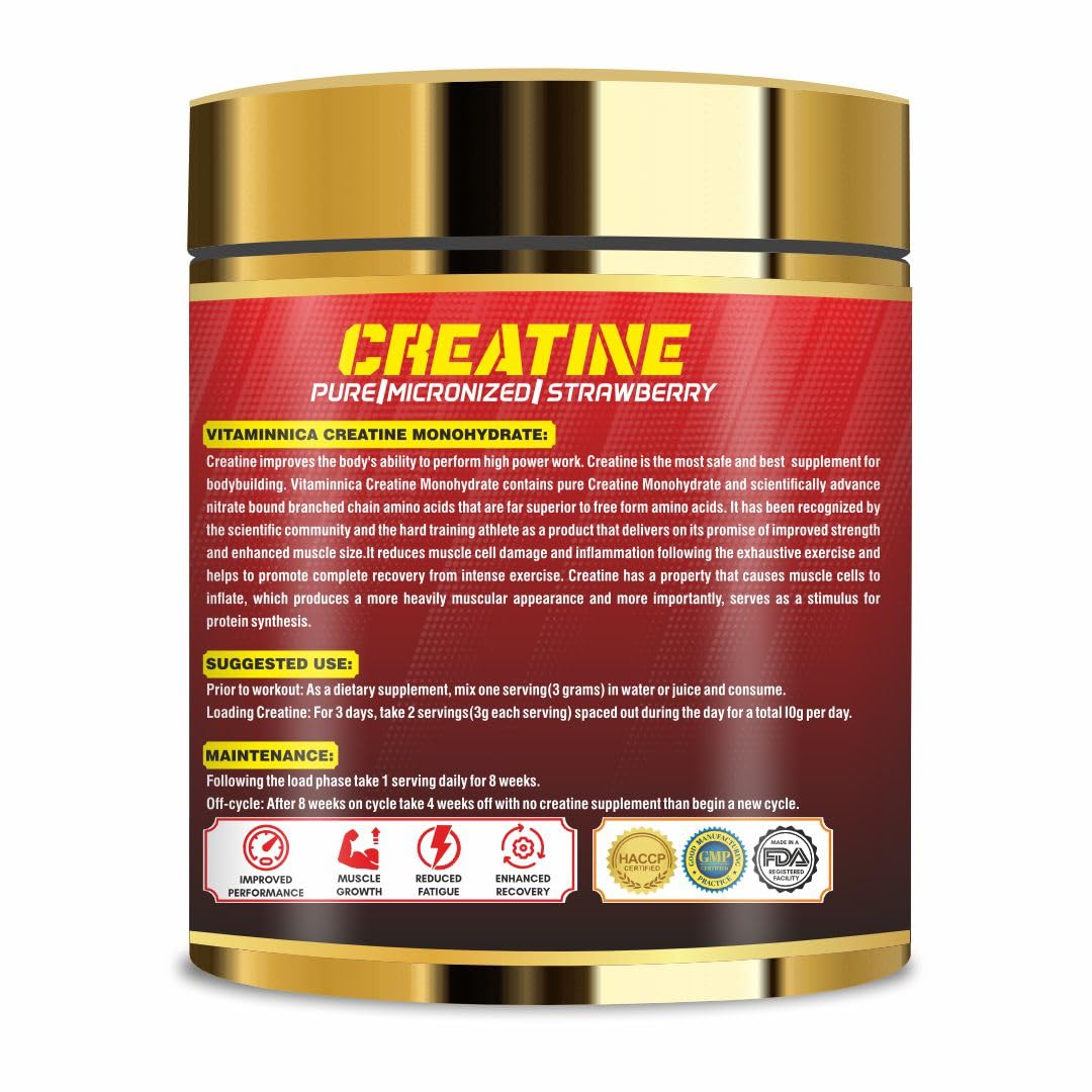 Vitaminnica Because your Health Matters Vitaminnica Micronized Creatine Powder, 100% Pure Creatine Monohydrate Powder for Performance and Muscle Power | 100 Servings, 300 g (300g, Strawberry)