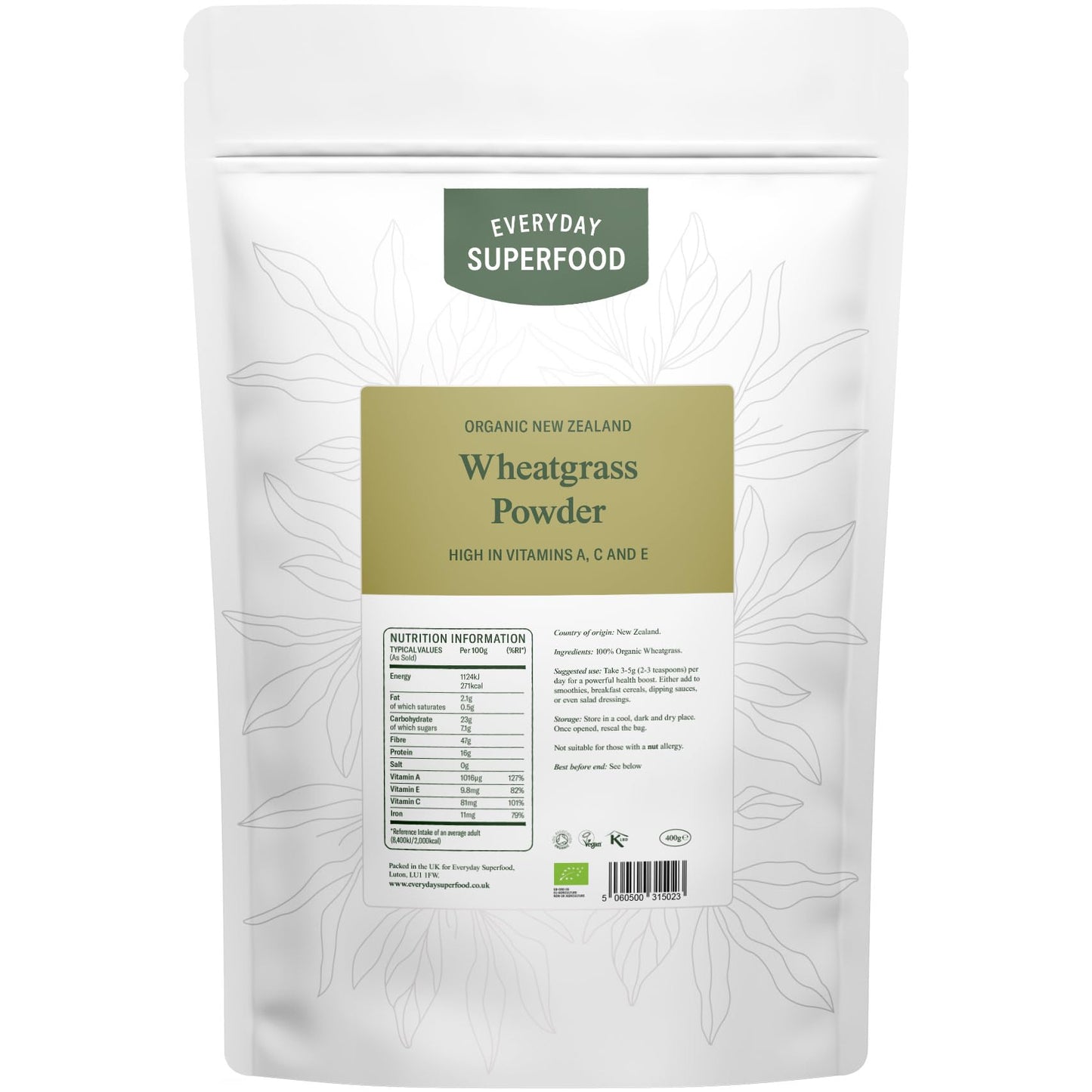 Everyday Superfood Organic New Zealand Wheatgrass Powder, High Vitamins, Perfect in Juice and Smoothies (400g)