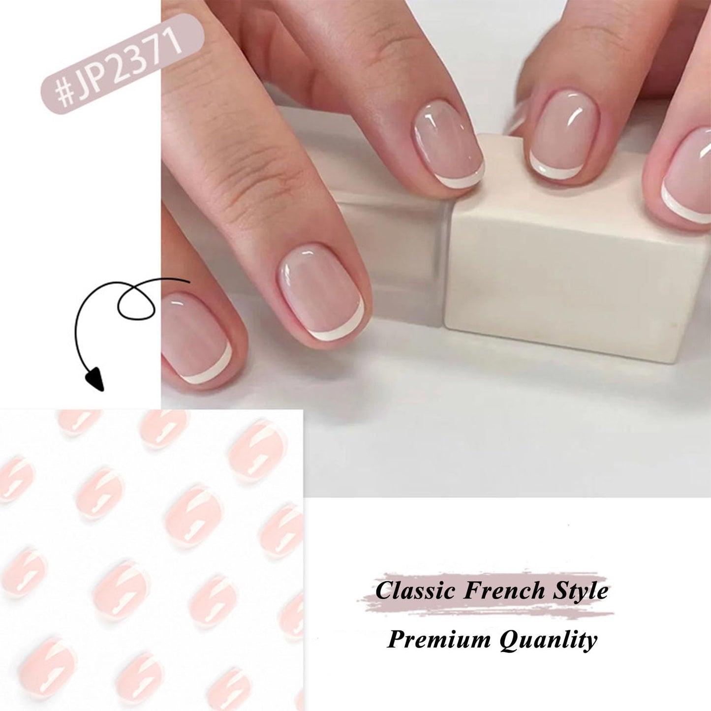 HERBINSOLS French Tip Press on Nails - 24Pcs Natural White Square Tips - Full Cover Nude Stick on for Women Girls Art