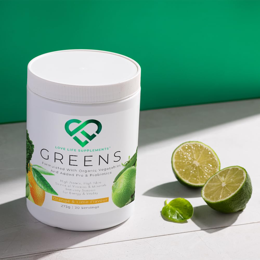 Organic Greens Powder | Orange and Lime Flavour | 273g - 30 Servings | 7 Organic Green Vegetables Including Pea Protein | Includes Prebiotics (Inulin) and Probiotics (Lactospore® Bacillus Coagulans)