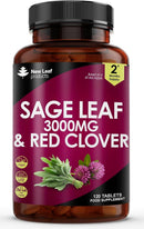 NEW LEAF PRODUCTS Sage Leaf & Red Clover Tablets for Menopause - 3000mg High Strength Perimenopause Supplements with Sage Leaf and Red Clover Menopause Supplements - Vegan Sage 120 Tablets Made in UK by New Leaf