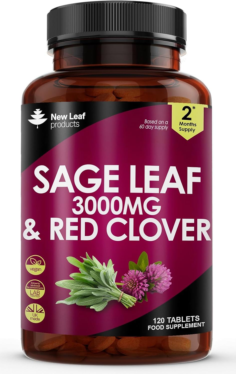 NEW LEAF PRODUCTS Sage Leaf & Red Clover Tablets for Menopause - 3000mg High Strength Perimenopause Supplements with Sage Leaf and Red Clover Menopause Supplements - Vegan Sage 120 Tablets Made in UK by New Leaf