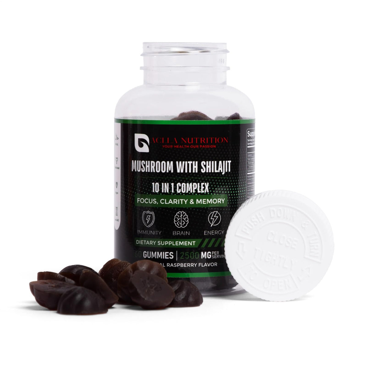 Aclla Nutrition Aclla Mushroom Gummies with Shilajit – 10-in-1 Complex with Lion’s Mane, Reishi, Chaga & More – 2500mg – Brain, Energy & Immune Support – Vegan, Low Sugar, Non-GMO – 60 Raspberry Flavour