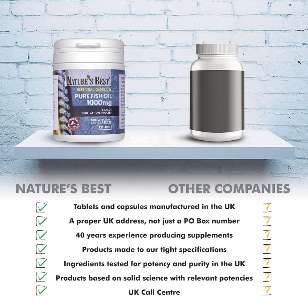 NATURE'S BEST Pure Fish Oil 1100/1000mg | 180 Capsules | One-A-Day | Essential Omega 3 Fish Oil 1000mg | High Level of EPA & DHA | Premium Grade | 5-Stage Purification Process | UK Made… (180, 1000)