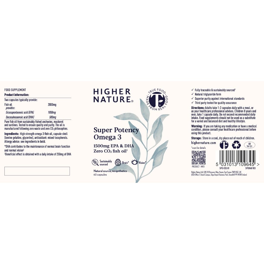 HIGHER NATURE Omega 3 2000mg with 1000mg EPA & 500mg DHA Per Serving - Super Potency Omega 3 True Food® Formula Fish Oil Supplement - Supports Eye, Brain & Heart Health - by Higher Nature - 60 Capsules
