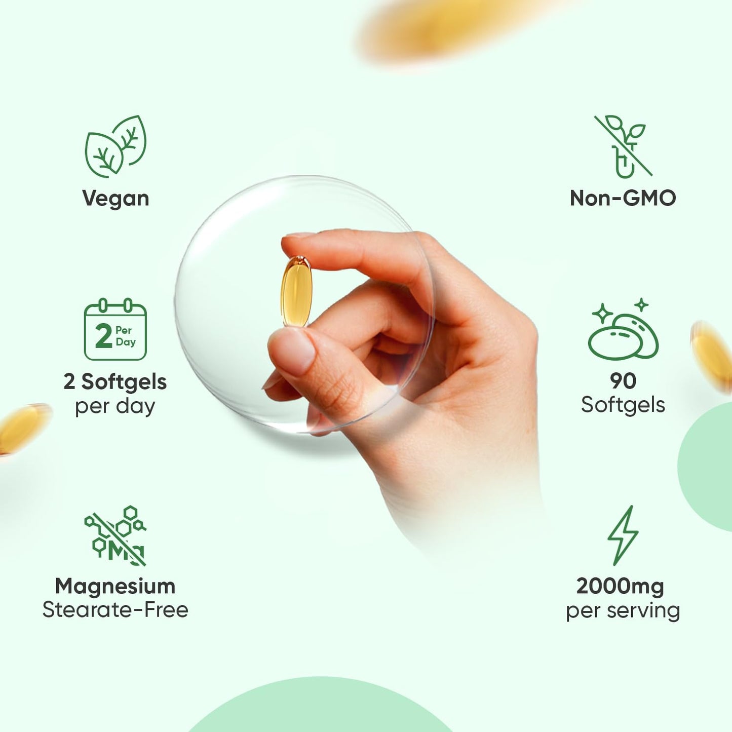 Vegan Omega 3 Capsules (Softgels) - 2000mg per Serving - 90 Softgels (45 Days Supply) - Algae Oil Omega 3 - Derived from Microalgae Schizochytrium - High Strength Omega-3 Nutritional Supplements