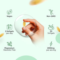 Vegan Omega 3 Capsules (Softgels) - 2000mg per Serving - 90 Softgels (45 Days Supply) - Algae Oil Omega 3 - Derived from Microalgae Schizochytrium - High Strength Omega-3 Nutritional Supplements
