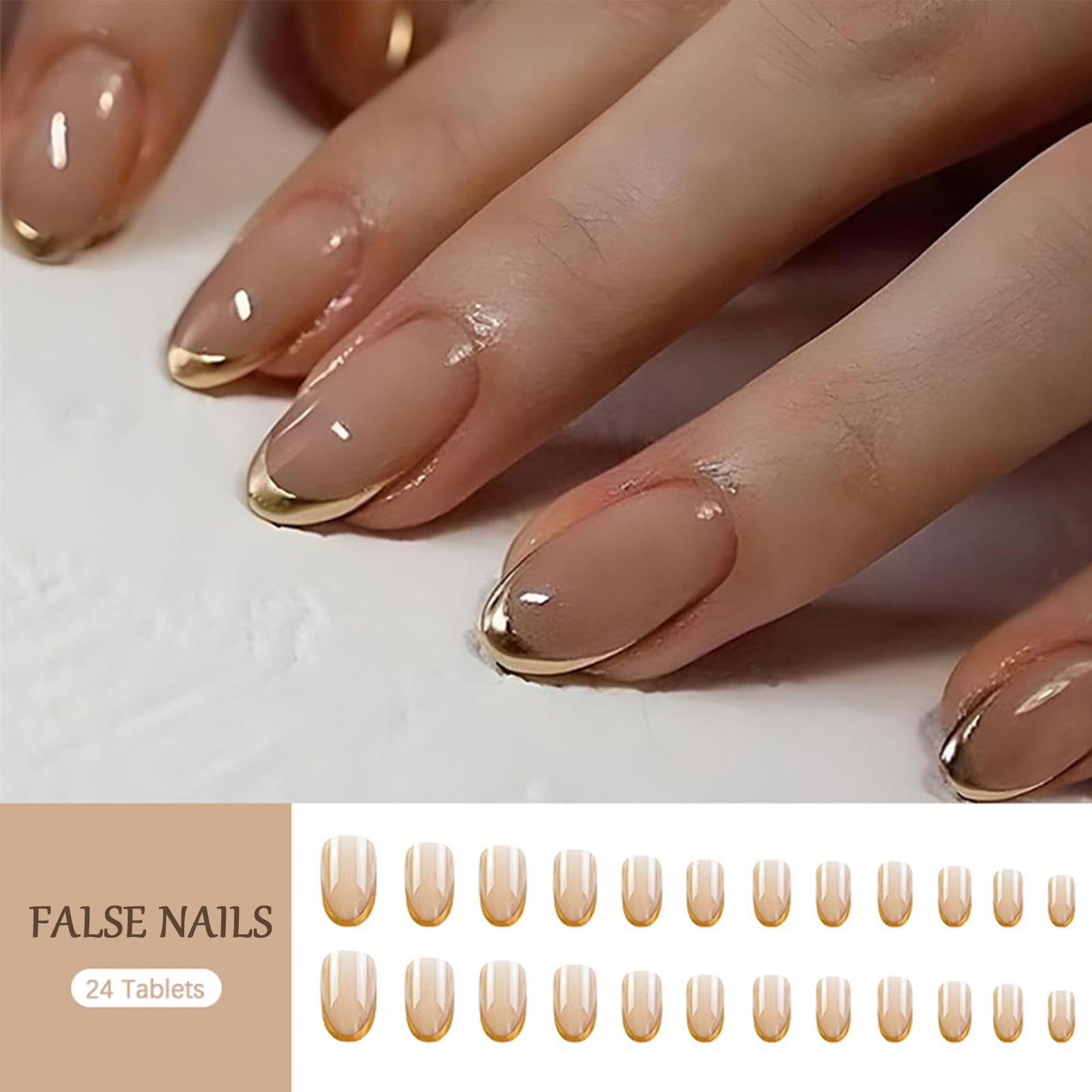 EONFAVE 24pcs False Nails French Tip - Nude Gold Edge Press on Nails Short Almond - Strong Fake Nails with Glue - Full Cover Stick on Nail for Women French Nail Art