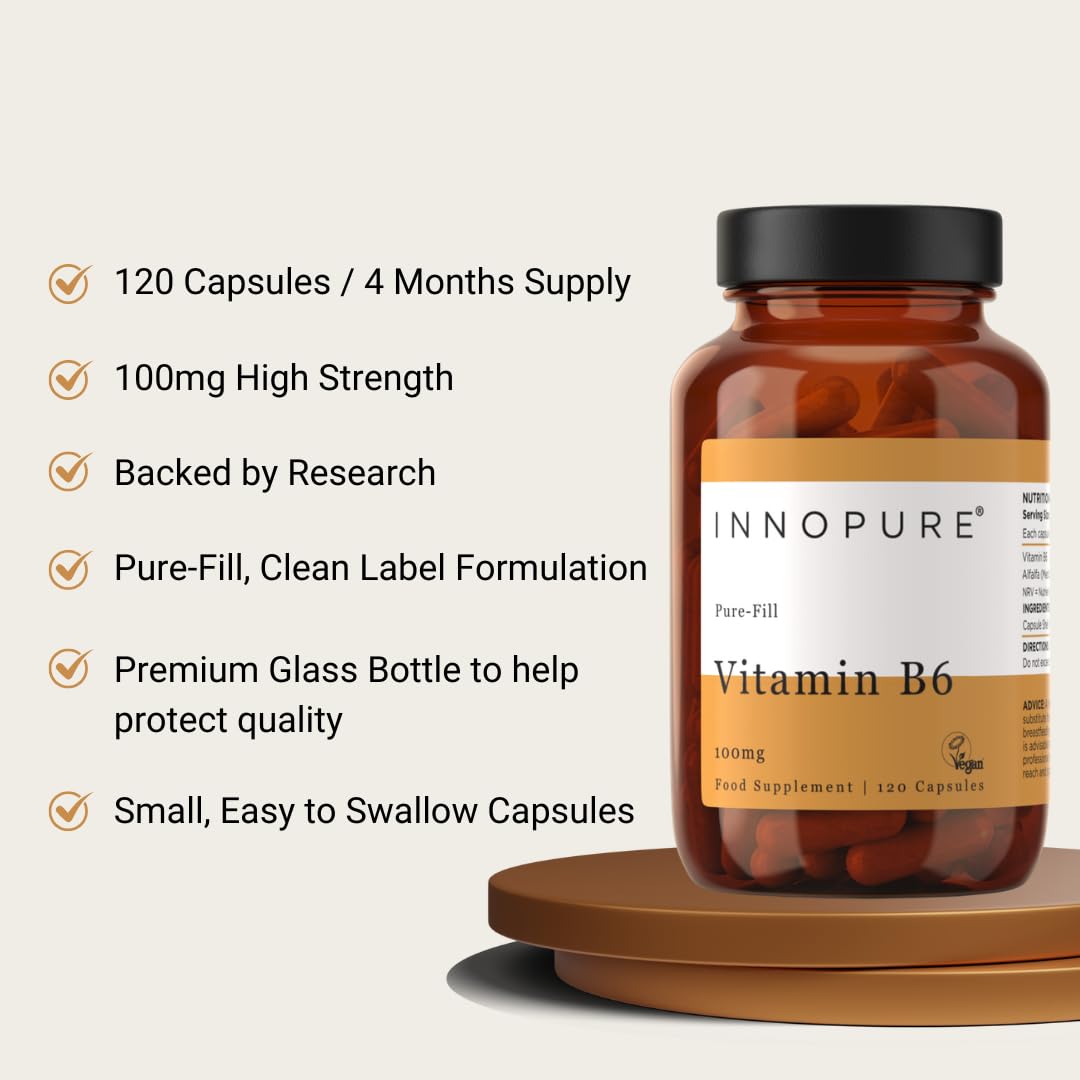 INNOPURE Vitamin B6 Capsules 100mg (No Fillers or Binders) Pure-Fill High Strength Vitamin B6 Supplement, 1 Daily Capsule (Not Tablets) 120 Capsules