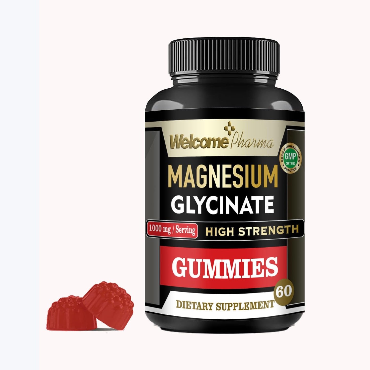 Welcome Pharma Pure Magnesium Glycinate Gummies — High Strength 1000mg/Serving for Muscle Relaxation, Sleep Support & Stress Relief — Vegan, Non-GMO, Gluten-Free, Lab Tested (60 Gummies)