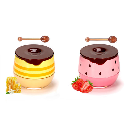 Anmahe 2 PCS Bee Balm, Honey Lip Balm Moisturizing Skincare Lip Mask with Lip Brush, Honey Balm, Lip Sleeping Mask for Lip Care Repair Prevent Dry Crack Lip Line Reducing (Honey+Strawberry)