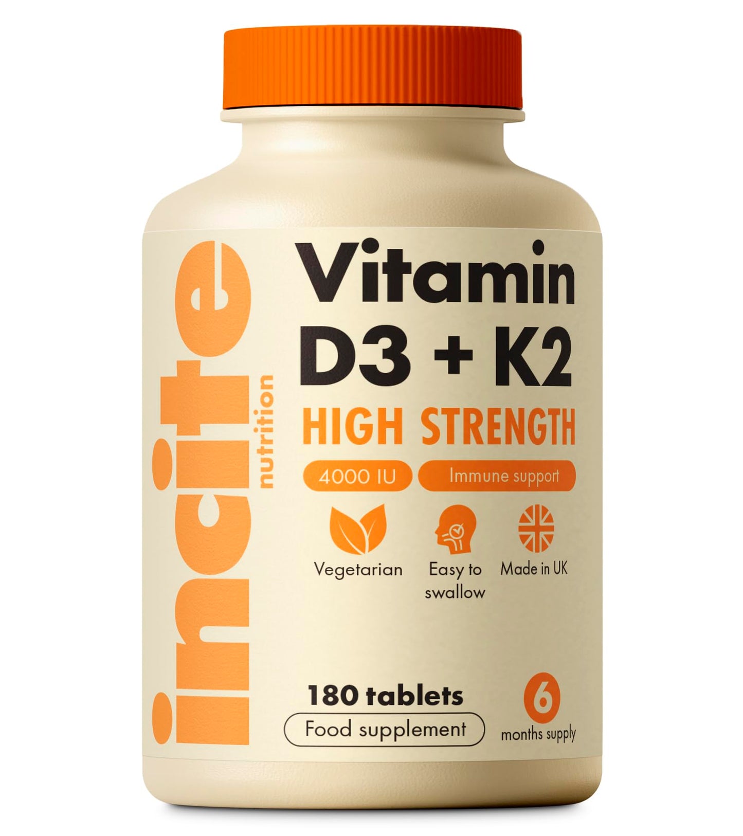 Incite Nutrition Vitamin D3 K2 (MK7) 100ug - 6 Month’s Supply - High Strength 180 Tablets - Premium Vegetarian Tablets - Suitable for Vegetarian - Vitamin D3, 4000iu & K2 - Made in UK