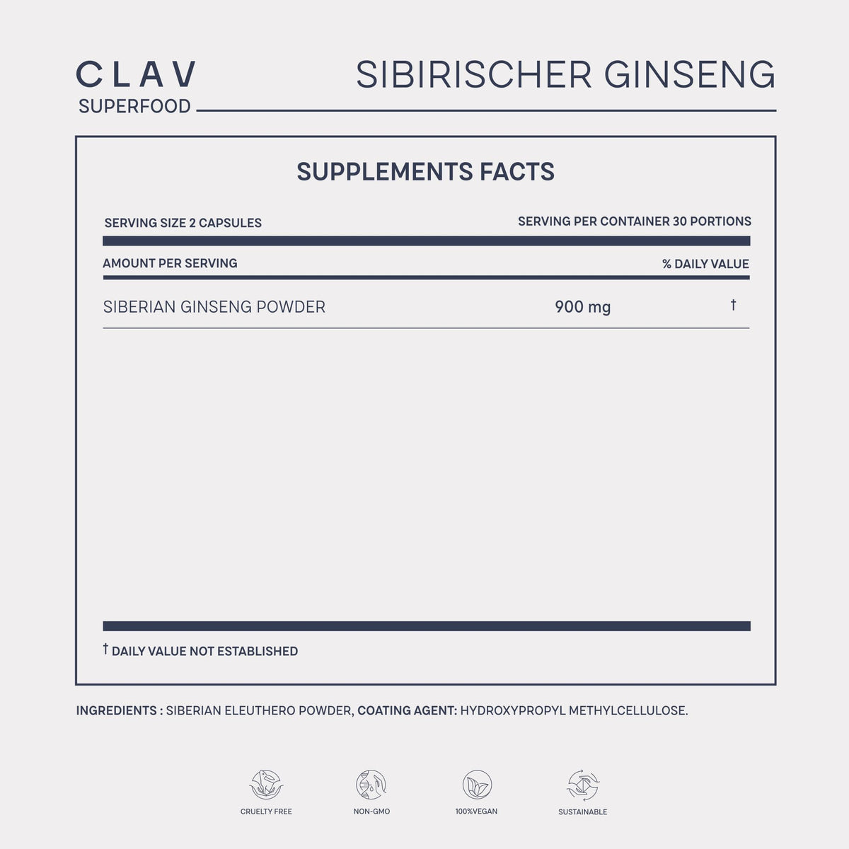CLAV Siberian Ginseng Extract - 900mg Eleutherococcus Root Powder - Reduction of Tiredness & Fatigue - 60 Ginseng Capsules - Vegan - Made in Germany