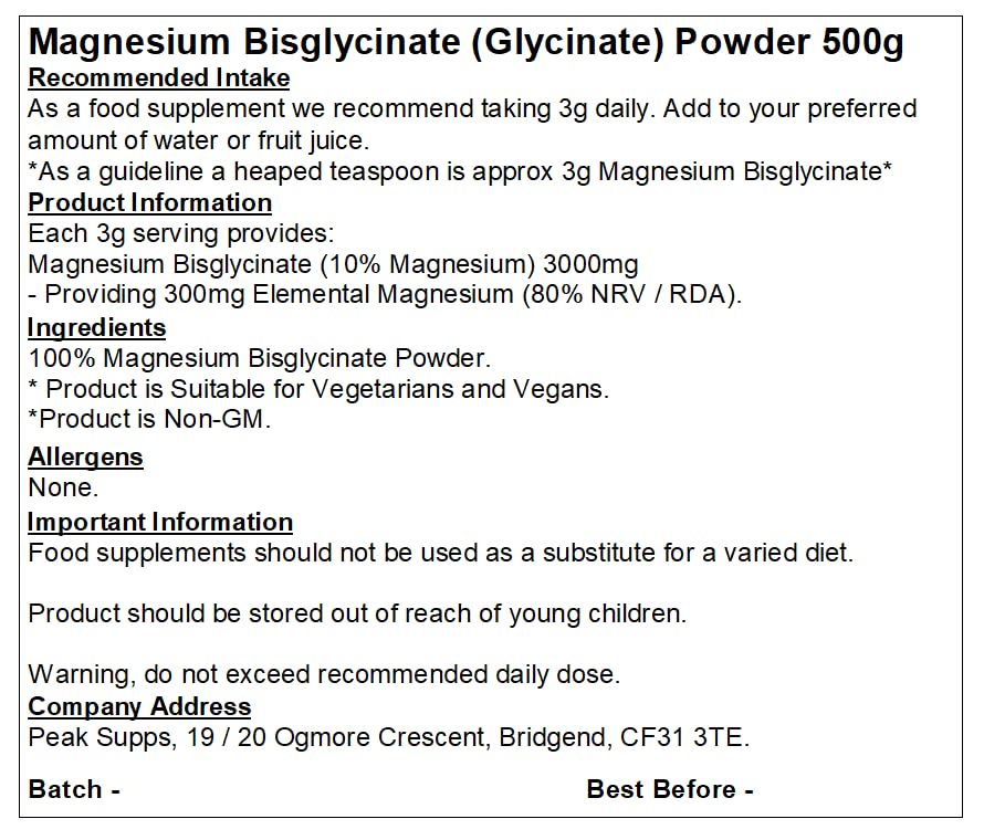Peak Supps Magnesium Bisglycinate (Glycinate) Powder - 500g - Chelated Sleep Aid Fatigue