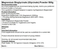 Peak Supps Magnesium Bisglycinate (Glycinate) Powder - 500g - Chelated Sleep Aid Fatigue