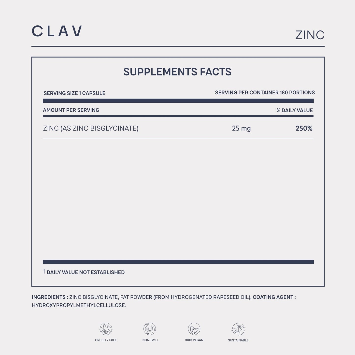 CLAV Zinc 25mg Vegan Certified - 180 Elemental Zinc Tablets in a Jar (6 Months Supply) - High Strength Zinc Bisglycinate Mineral Supplement - Supports Immune System, Hair, Skin & Nails for Women & Men