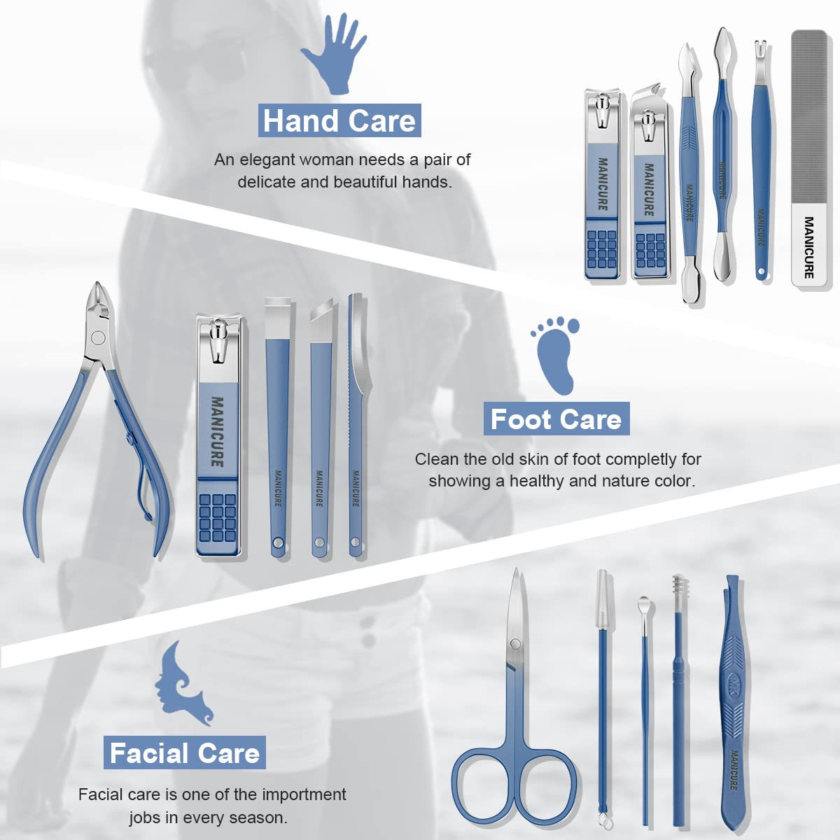 Leipple Manicure Set Professional Nail Clippers Pedicure Kit, 16 pcs Stainless Steel Nail Care Tools Grooming Kit with Luxurious Travel Leather Case for Thick Nails Men Women Gift (Blue)
