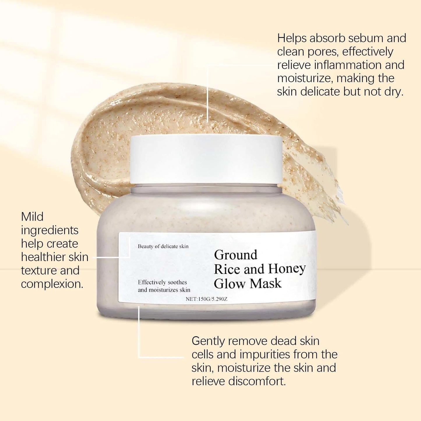 Honey Glow Clay Mask with Ground Rice, Pore Minimizing & Brightening Face Mask, Hydrating & Deep Cleansing, Reduction, Skincare