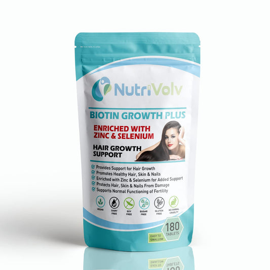 Nutrivolv Biotin Hair Growth - Zinc & Selenium - 180 Tablets - 10000µg - Hair Skin & Nails